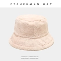 Thick plush fisherman hat in cream beige color with soft faux fur texture for winter - M (56-58cm) / Light Pink