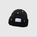 Thick black fuzzy knit beanie with colorful buttons and a white woven label - Button Decor Style / Black