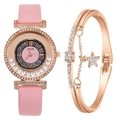 Pink leather strap watch with rose gold star bracelet and zircon studded case set - Pink with Bracelet
