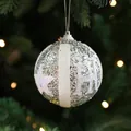 8cm silver glitter Christmas ball ornament with white flocking star and snowflake pattern - Silver