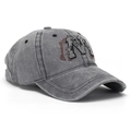 Close-up of vintage washed grey baseball cap with M embroidery and side logo - One Size(Adjustable) / Charcoal-M Embroidery (F)