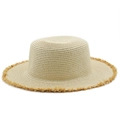 Foldable raffia straw sun hat with frayed edges for summer beach vacation and sun protection - M (56-58cm) / Beige (JX-S484)