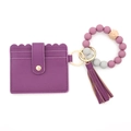 Purple leather card holder keychain with silicone beads, wooden bead and matching tassel - Purple