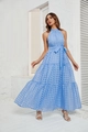Abito lungo con scollo all'americana azzurro con balze a strati e tessuto a quadri testurizzato - S / Azzurro