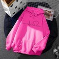 Pink fleece drawstring hoodie with black heartbeat heart print for men and women - S / Tops / Hot Pink