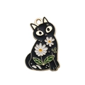 Ciondolo gatto in smalto nero con margherita bianca per creazione di gioielli fai da te - Gatto Floreale Nero (18094) / 1 Pezzo (18x28mm) / Nero