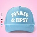 Detail of light blue mesh trucker hat with TANNED & TIPSY print and color selection - One Size / All Sky Blue