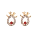 Close-up of golden reindeer earrings with red central stone and sparkling rhinestones - Red Rhinestone Reindeer