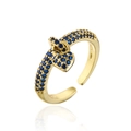 Detail of 18K gold open ring with micro-pave blue zircon and dangling heart charm - Adjustable Open / Light Blue