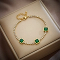 Gold chain bracelet with three emerald-cut green stones and white zircon accents - Square Green Gemstone Bracelet (B735) / Gold