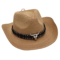Detail of western straw cowboy hat with ethnic braided band and silver bull skull ornament - Khaki