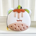 Detail of cartoon shell backpack with lucky text, plush ears and green handle - Beige