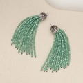 Detail of green beaded tassel earrings with sparkling rhinestone caps and faceted beads - Mint Green