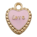 Ciondolo a cuore in smalto rosa con bordo dorato e incisione Love per gioielli DIY - 1 Pezzo Forma a Cuore 13x15mm