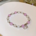 Lavender and cat-eye white beaded bracelet with silver crown pendant and bamboo style - Purple White Cat Eye Crown Pendant Bracelet (61# Bracelet - Purple - Crown)