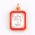 Pendaglio rettangolare in smalto rosso con cornice dorata e zircone sfaccettato - Rettangolo Rosso Rosa