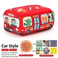 Giocattolo scatola di fazzoletti a bus in peluche rosso con sciarpe e carta frusciante - Scuolabus (10 Sciarpe + 3 Carte Scricchiolanti)