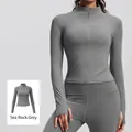 Women's slim fit running jacket in Sea Salt Grey with thumbholes and ribbed texture - Sea Rock Grey