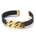 Men's flexible woven bracelet with matte gold geometric metallic piece in black - Gold (KB151066-KLHQ)