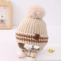 Gorro de punto crema para bebé con orejeras y pompón grande de piel sintética - Talla Única Niño / Beige