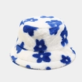 Close-up of white plush bucket hat with blue flower patterns and soft fluffy texture - M (56-58cm) / White With Blue Flowers