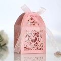 Pink laser-cut heart favor box with decorative ribbon for weddings and parties - Pink