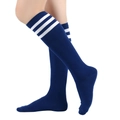 Knee-high navy blue cotton socks with three white stripes in athletic college style - One Size / Blue Navy with White Stripes