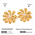 Gold stainless steel flower stud earrings with central white pearls and 3.9cm diameter - Flower Pearl Stud Earrings(JDEW2406005)