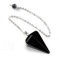 Polished black obsidian hexagonal cone pendulum with silver metal chain necklace - Obsidian