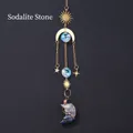 Golden sun and moon suncatcher with blue sodalite stone and crystal prism hanger - Blue Jasper Moon Wind Chime Pendant