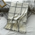 Checkered winter scarf in white with black grid pattern and elegant fringed edges - White