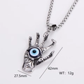 Detailed view of silver Hamsa hand pendant with blue evil eye and dimensions 27.5x42mm - Evil Eye Hamsa Pendant