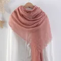 Solid mauve cotton linen scarf with fine crinkle texture and frayed fringe edges - Dusty Rose