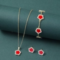 Macro detail of red flower jewelry set with gold plating and white zirconia crystals - Gold Base Red Five-Petal Flower Style (XL-H-54)