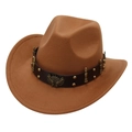 Cappello da cowboy in feltro marrone con fascia borchiata e stemma metallico d'aquila - Adulto [56-58cm] / Cachi (Decorazione a Proiettile)