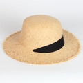 Detail view of woven raffia sun hat with black ribbon trim and frayed edge brim - Adjustable / Black Long Ribbon