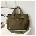 Detail of canvas tote bag with front pocket, metal snap button, and adjustable shoulder strap - Dark Green