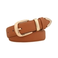 Minimalist brown faux leather women's belt featuring a polished gold buckle and droplet tip - 105cm / Camel