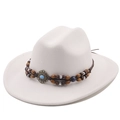 Cappello fedora bianco in lana a tesa larga con fascia bohémien in perline e turchese - M (56-58cm) / Bianco