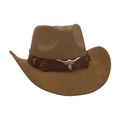 Tan faux suede cowboy hat featuring longhorn bull skull ornament and leather band - One Size / Army Green