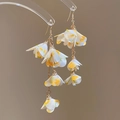 Detail of chiffon floral fringe earrings with yellow flowers and golden chain hangers - Yellow