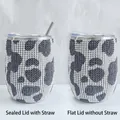Insulated 12oz leopard print rhinestone wine tumbler with lid and stainless steel straw - Cow Pattern Black