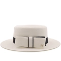 Flat top straw boater hat for women with black ribbon bow and metal M decoration - M (56-58cm) / Pure White