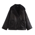 Detail view of black faux suede jacket with plush lapel collar and large front pockets - S / Black