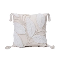 Square beige floral cushion cover with white tufted leaves and four decorative tassels - Leaf White
