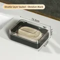 Obsidian black portable soap box with lid and drainage tray, 13.5x9.5x5.2cm size - Double Layer Sealed / Obsidian Black