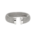 Detailed macro view of a silver mesh woven open bangle bracelet with smooth metal ends - Glossy / 12mm / Steel