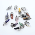 Silver dragon pendant wrapped around colorful hexagonal crystal pillars in various stones - Random Mixed Colors