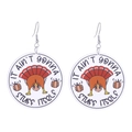 Detail of round acrylic earrings featuring cartoon turkey, pumpkin and funny holiday quote - No.11 (Round Turkey Pumpkin)