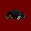 Black wool beret with Christmas tree and candy cane patches on dark red background - M (56-58cm) / Cane Santa Black